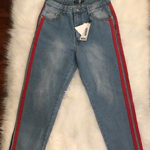 Medium wash jean w/ double red stripe down sides